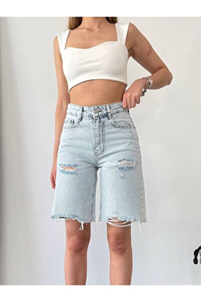 RESPACK DENİM Kadın Açık Mavi Yüksek Bel Yırtık Detaylı Denim Bermuda Şort