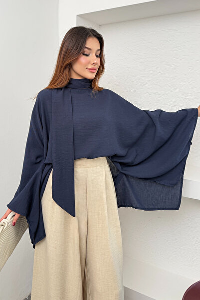 Hatun Atila Bluză poncho lejeră pentru femei, cu guler eșarfă, mânecă liliac ...