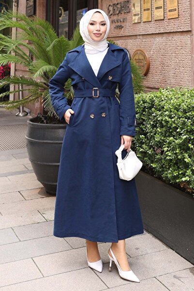 Missvalle Belt Detailed Buttoned Trench Coat Indigo 19301