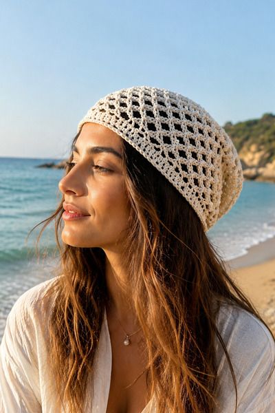 Modex Bone Color Sequined Knitted Hairnet Beanie