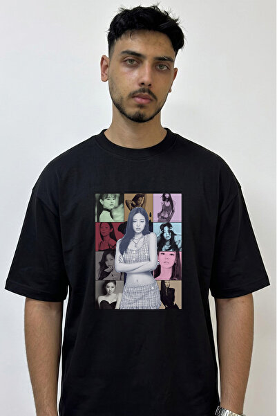 Anetos Jennie Kim_5 Tricou negru supradimensionat cu imprimeu de design