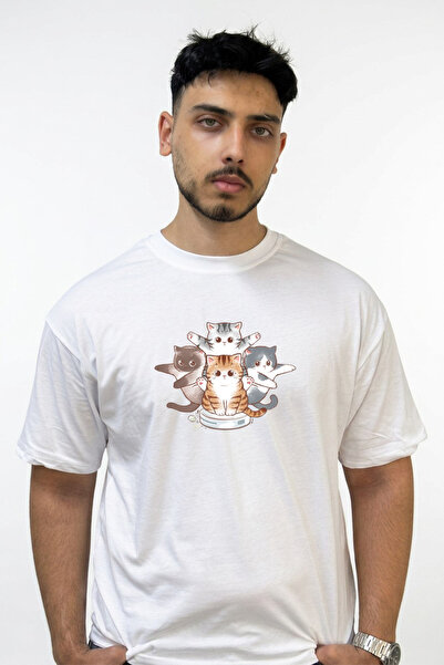 Anetos Cat Robot Supurge Design Printed Oversize White T-Shirt