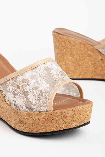 SNİCKER Pantofi de damă cu plasă bej, broderie florală, papuci cu acoperire din plută