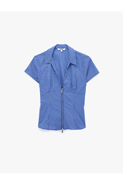 Koton Slim Fit Bel Vurgulu Fermuar Detaylı Pötikareli Poplin Gömlek