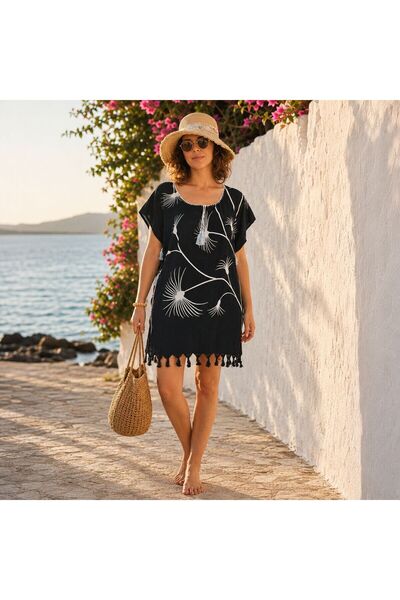 BIJUTERI Par-13012 Black Botanical Patterned Beach Dress & Pareo |   Eos Coll...
