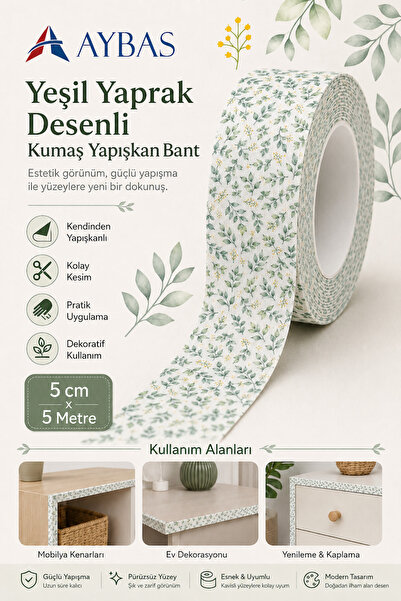 Aybas 5 cm x 5 Metre Yeşil Yaprak Desenli Yapışkanlı Kumaş Bant – Kendinden Y...