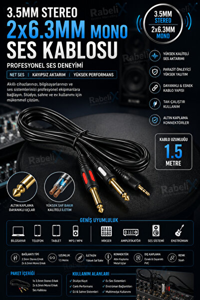 Rabelix Online Marketing 3.5mm Stereo Male to 2X6.3Mm Mono Male Audio Cable 1...