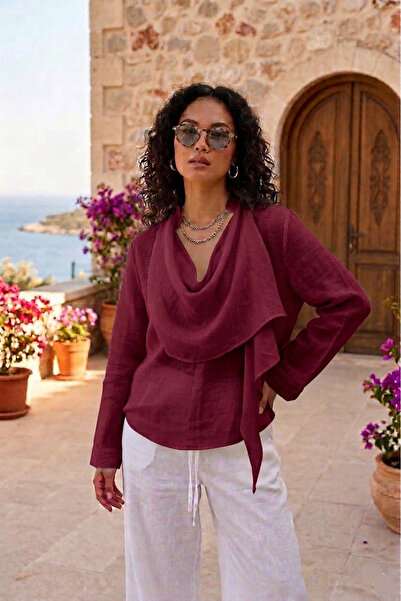 Lovely butik Ženska bluza od lana sa šal ovratnikom i prozirnom teksturom
