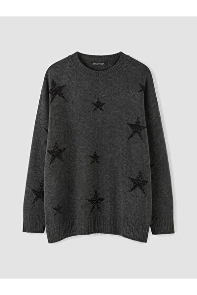 LC Waikiki Lcw modest anthracite crew neck star patterned women's knitwear tunic