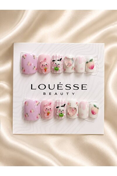 Louesse Beauty Takma Tırnak 3D Kore Kawaii Tavşan Pembe Mavi Press On Nail