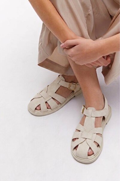 RMY SHOES Women's Beige Suede Look Buckle Casual Sandals