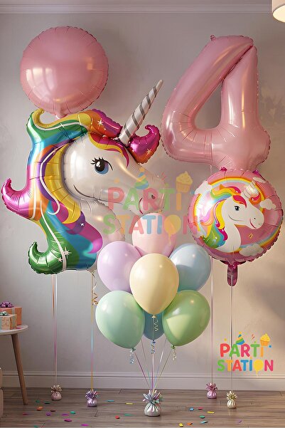 Parti Station Unicorn Balon Seti 4 Yaş Doğum Günü Süsleme Seti Pembe Rakam Ba...