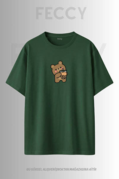 FECCY Premium Coffee Drinking Bear Printed Theme Unisex Oversize Women's T-Sh...