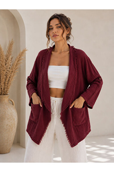cesita Women's 100% Cotton Burgundy Fringed Foldable Sleeve Summer Muslin Jac...