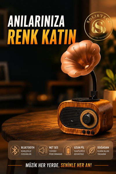 Solistech B 5 Nostalji Gramafon Plak görünümlü retro bluetooth radyo hoparlör USB Player TF Card Destekli