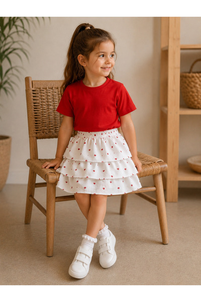 BAHNUR Girl's Baby Muslin Set Red T-Shirt and White Heart Pattern Layered Ski...