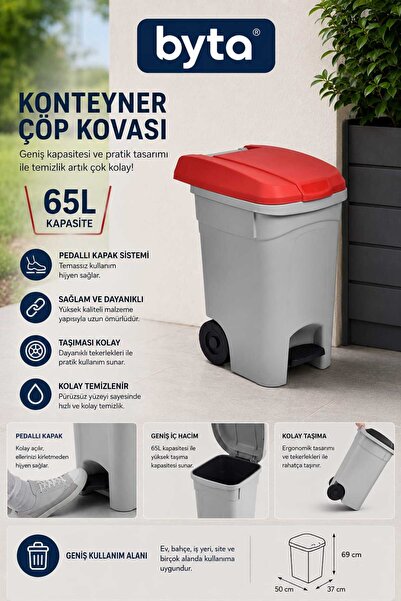 BYTA 65 Liter Pedal Wheeled Container Trash Can Grey/Red Lid Home, Office and...