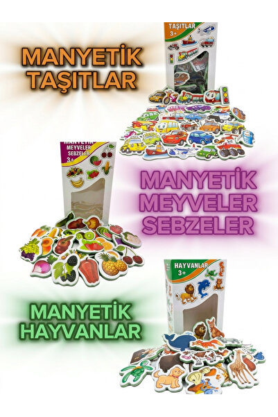 The Monarch Co 3'lü Eğitici Manyetik Set - Hayvanlar, Taşıtlar, Meyve ve Sebz...