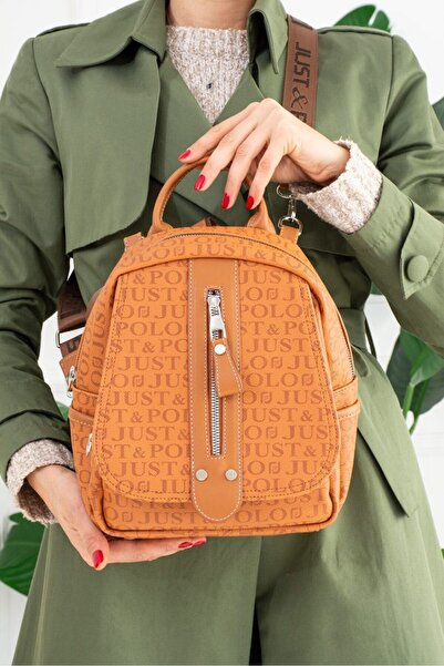 Just Polo Women's Tan Backpack with Logo Print, Zipper Closure, Top Handle, M...