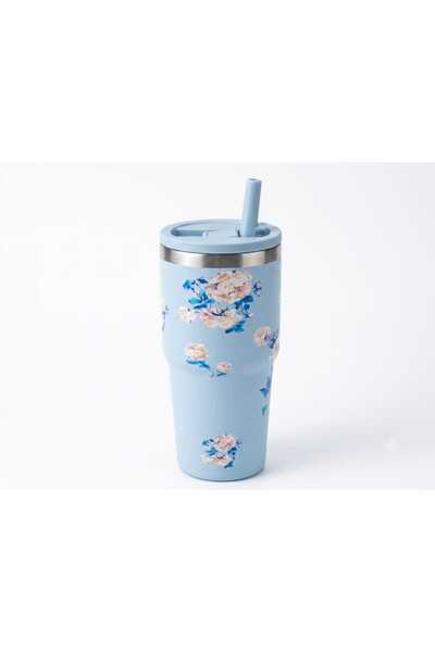 Tumbler Stainless Steel Insulated Cup with Straw & Lid — Sky Blue Floral Rose...