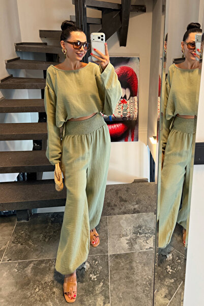 Seda Yalçın Atelier Haki Gipeli Bel Pantolonlu Müslin Takım