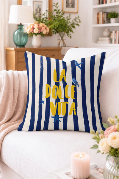 Home La Dolce Vita Yazılı Mavi Beyaz Çizgili Kırlent Kılıfı - Deniz Temalı De...