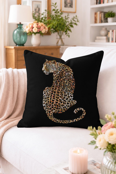 Home Leopar Figürlü Siyah Zemin Kırlent Kılıfı - Modern Dekoratif Yastık Kılıfı