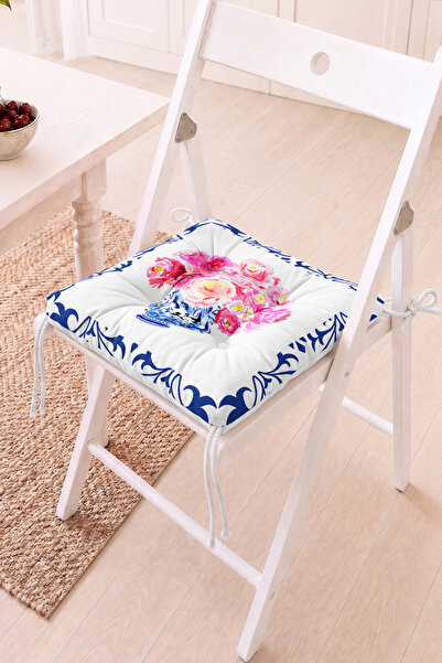 Home Pembe Çiçek Buketi ve Mavi Çini Vazo Desenli Pofidik Sandalye Minderi - ...