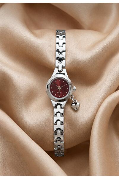 GANYMET Apolia Women's Silver Steel Band Claret Red Dial Heart Charm Detailed...