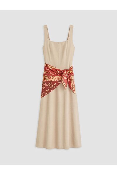 LC Waikiki Lcw Vision Beige Square Collar Flared Dress with Scarf Detail