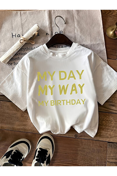1001 Line Women's "MY DAY WAY MY BIRTHDAY" T-Shirt - Yellow Letter Print Roun...