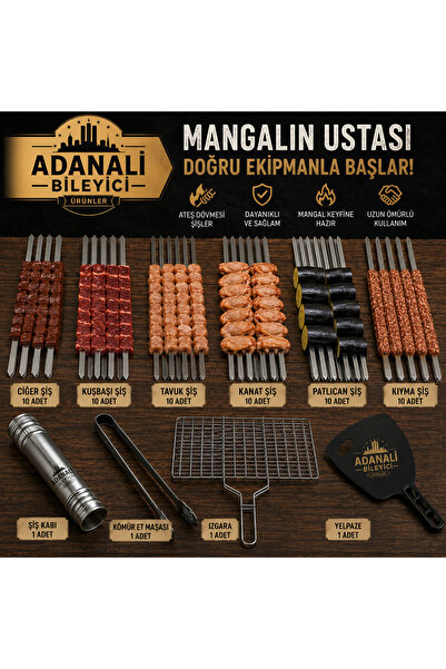 Adanalı bileyici Mega Mangal Seti 64 Parca Ciger Kuşbaşı Tavuk Kanat Patlıcan...