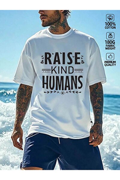BASEPULSE تي شيرت رجالي بطبعة 'Raise Kind Humans' - قميص أبيض قصير الأكمام بت...