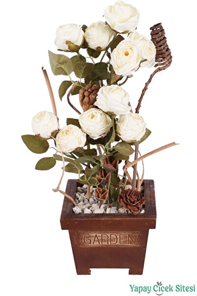 Yapay Çiçek Sitesi Realistic Artificial Rose Arrangement in Wooden Garden Pot...