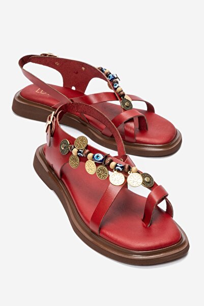 LuviShoes Hush Red Genuine Leather Beaded Women's Flip-Flop Sandals