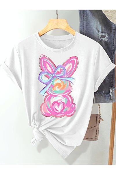 STITCHLY تي شيرت نسائي بتصميم أرنب ريترو للجنسين، مزين بزهور باستيل وفيونكات،...