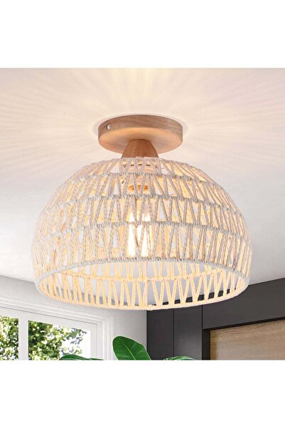 Ganeed Rattan Ceiling Light, Boho Semi Recessed Ceiling Light, Handmade Ratta...