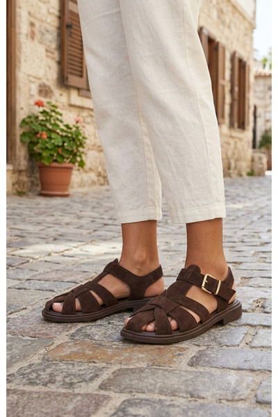 OSIO Women's Beige Suede Cage Sandals