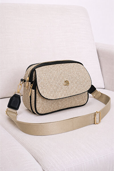 MILANOFOX Women's Silvery Straw Beige-Black Covered 3-Compartment Cross Shoul...
