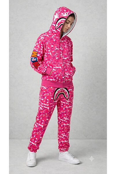 veira Unisex Pembe Bape Shark Kapüşonlu Fermuarlı Oversize Alt Üst Eşofman Ta...