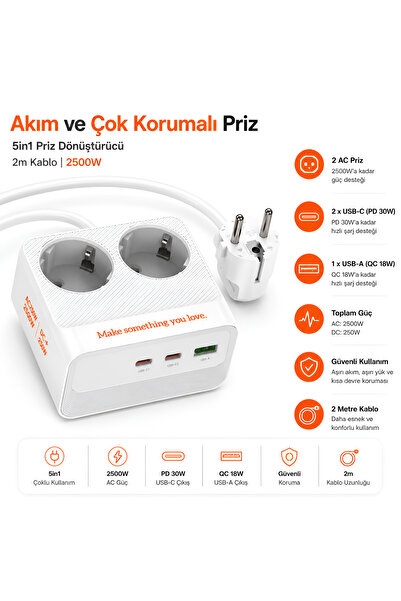 Dexmon 2500W Akım Korumalı 2'li Priz 2Mt Kablolu | 30W 2x USB-C PD Hızlı Şarj...