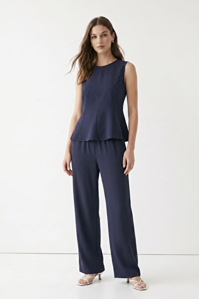 Rays Smoked Zero Sleeve Peplum Blouse Wide Leg Pants Set 18007