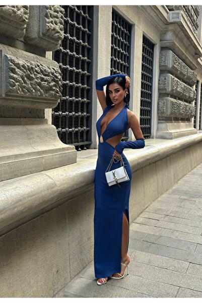 sevenay Backless Dress with Window Detail and Metal Accessories - Blue