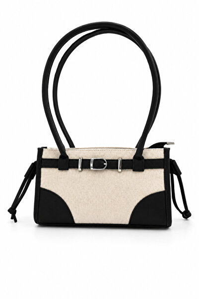 Sellini Linen Leather Detailed Rio Baguette Women's Shoulder Bag Black