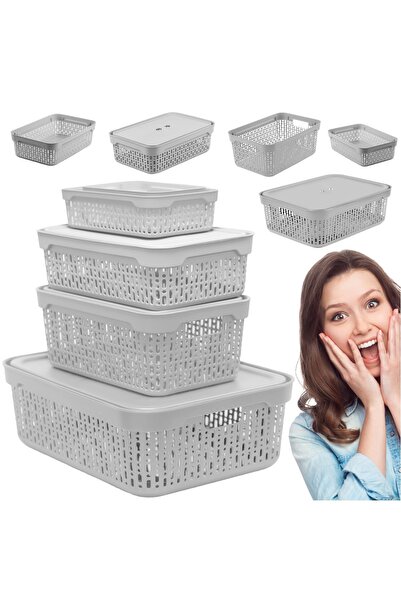 EDANTI Set de 5 coșuri din plastic perforat, gri deschis, cu capac, pentru de...