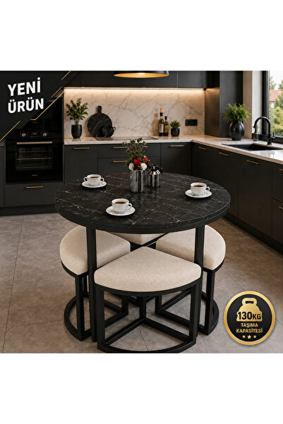 EDMONDA EV AKSESUAR ALARA 90 CM ÇAP SİYAH METAL YUVARLAK YEMEK MASASI TAKIMI ...