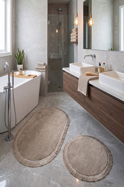Geus Halı 2-Piece Bathroom Mat Set Non-Slip Base Soft Texture Fringed Oval Cu...