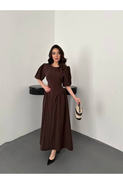 D'RECCY Women's Waist-Fitted Tie-Up Long Short Sleeve Linen Stylish Dress