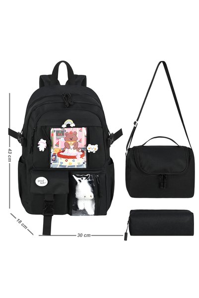 Waddell Licensed Korean Style Accessorized Black 3-Piece Set Girls' Elementary School Bag Backpack with Pencil Holder and Lunch Bag