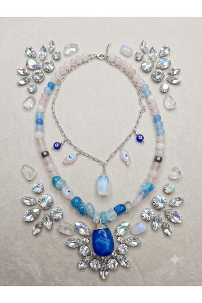 Shine Elagance Natural Stone Quartz Blue Agate Necklace and Moonstone Evil Ey...
